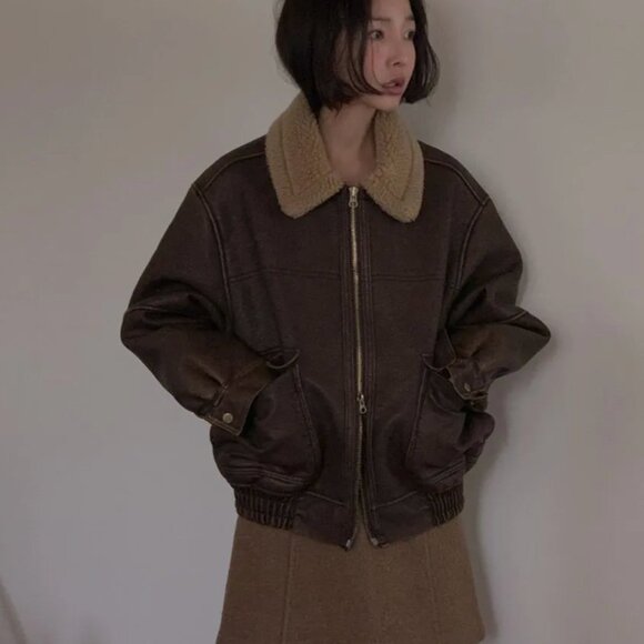 Maybebaby Faux Leather Oversized Shearling Bomber Jacket in Brown XS-M - Picture 6 of 12